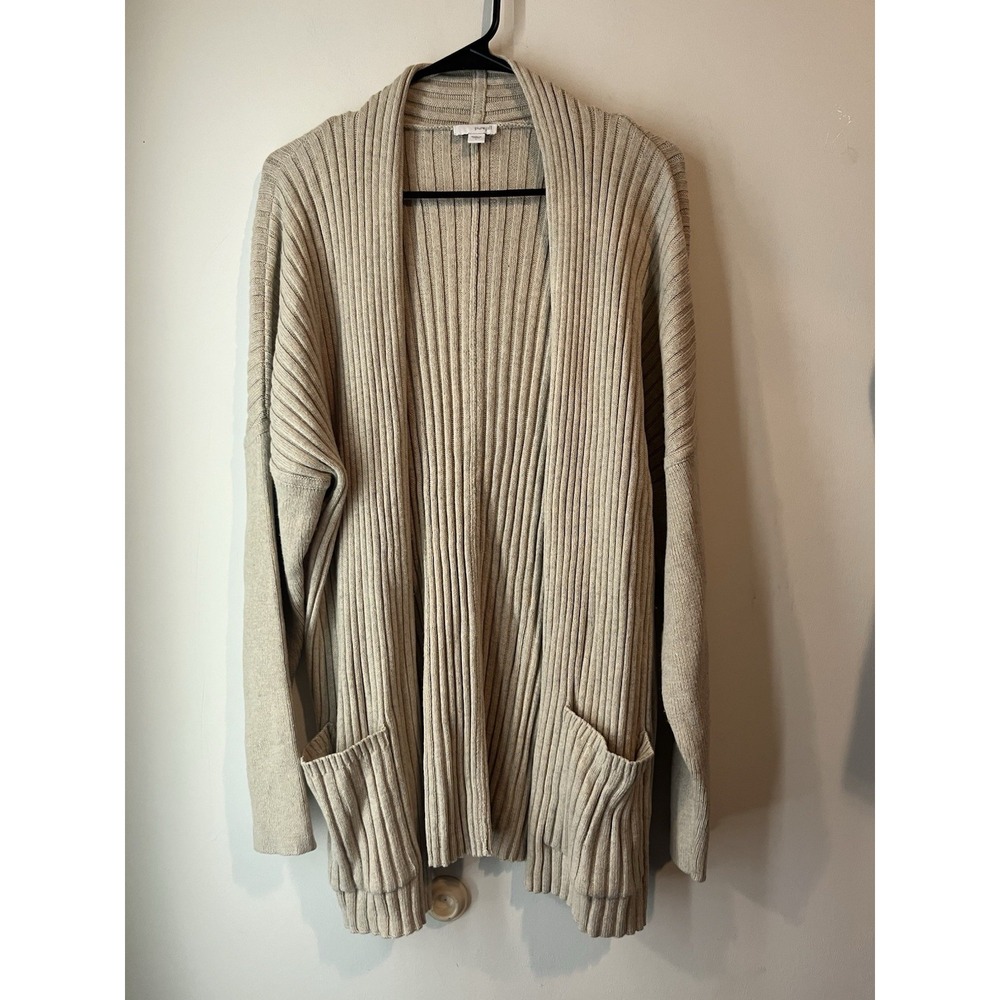 Pure Jill Wool Yak Blend Ribbed Cardigan Sweater Beige Womans Large Stretch Long